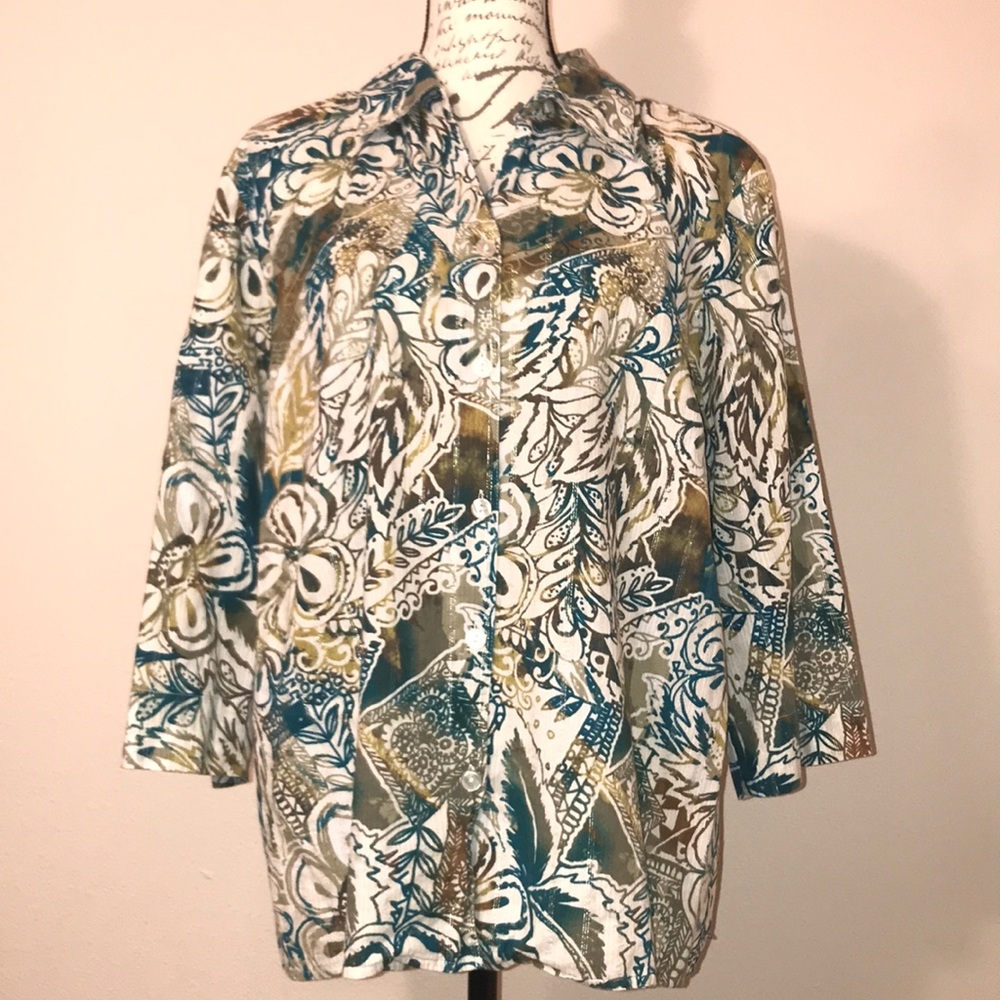 Alfred Dunner blue/brown/cream button down blouse